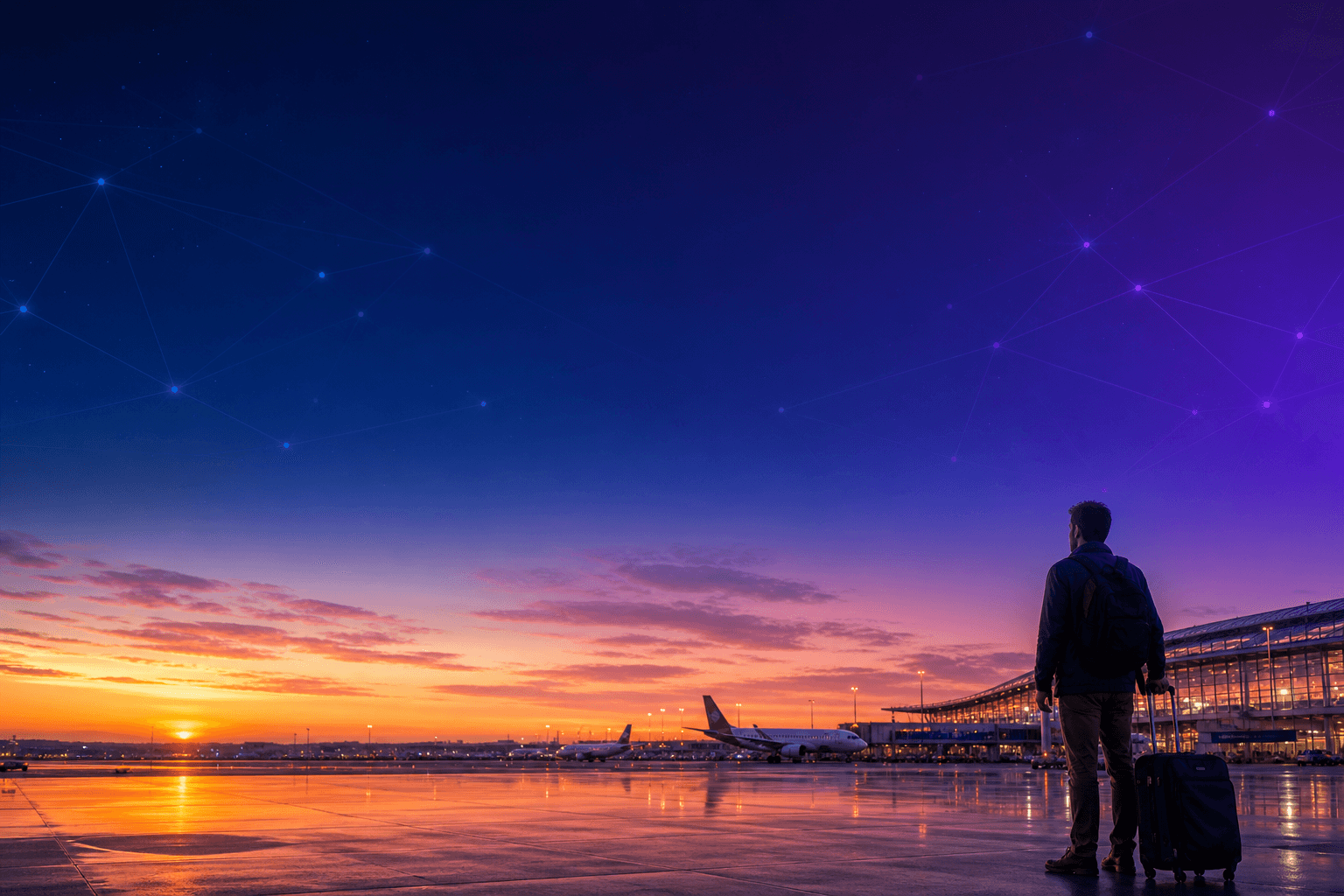 Traveler at airport terminal with global eSIM connectivity at sunset